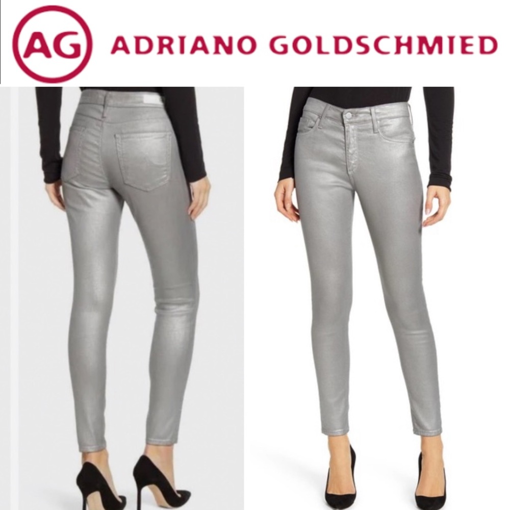 $378 AG Adriano Goldschmeid Farrah High-Rise Chrome Cast Leatherette Jeans